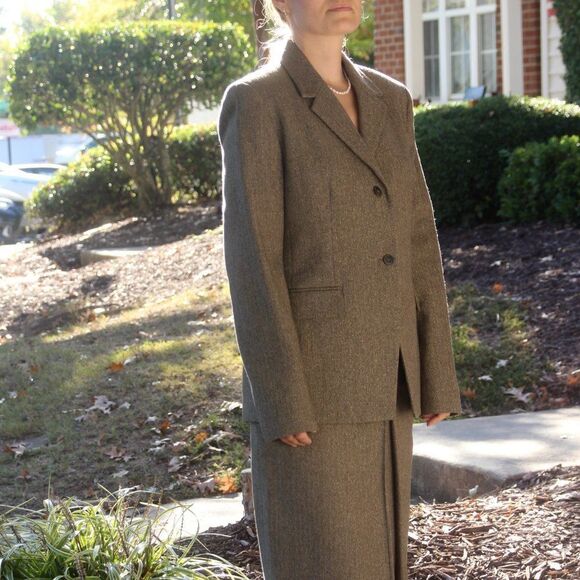 JONES NEW YORK 2PC Brown Wool‎ Blend Notch Collar Skirt Suit Size 6 - Picture 11 of 16